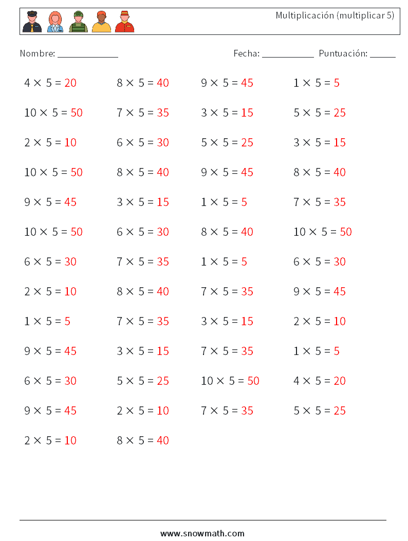 (50) Multiplicación (multiplicar 5) Hojas de trabajo de matemáticas 7 Pregunta, respuesta