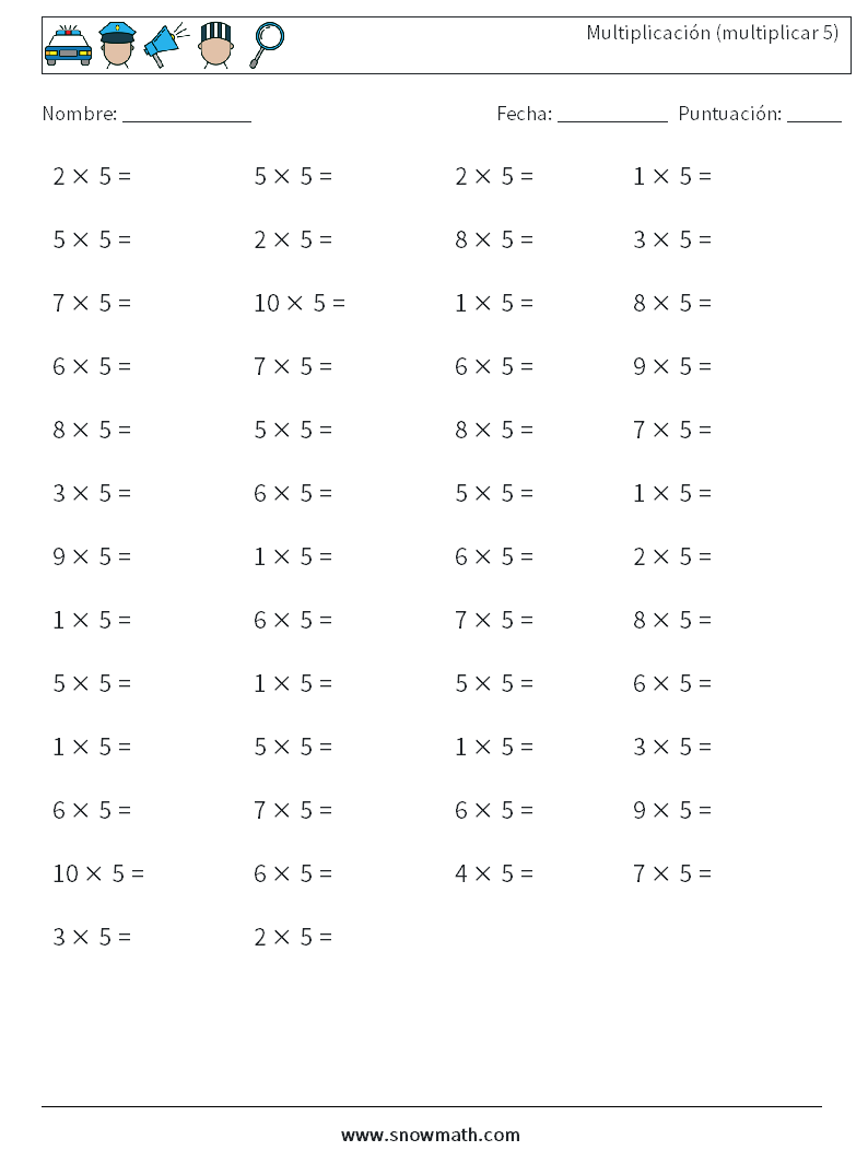 (50) Multiplicación (multiplicar 5) Hojas de trabajo de matemáticas 8