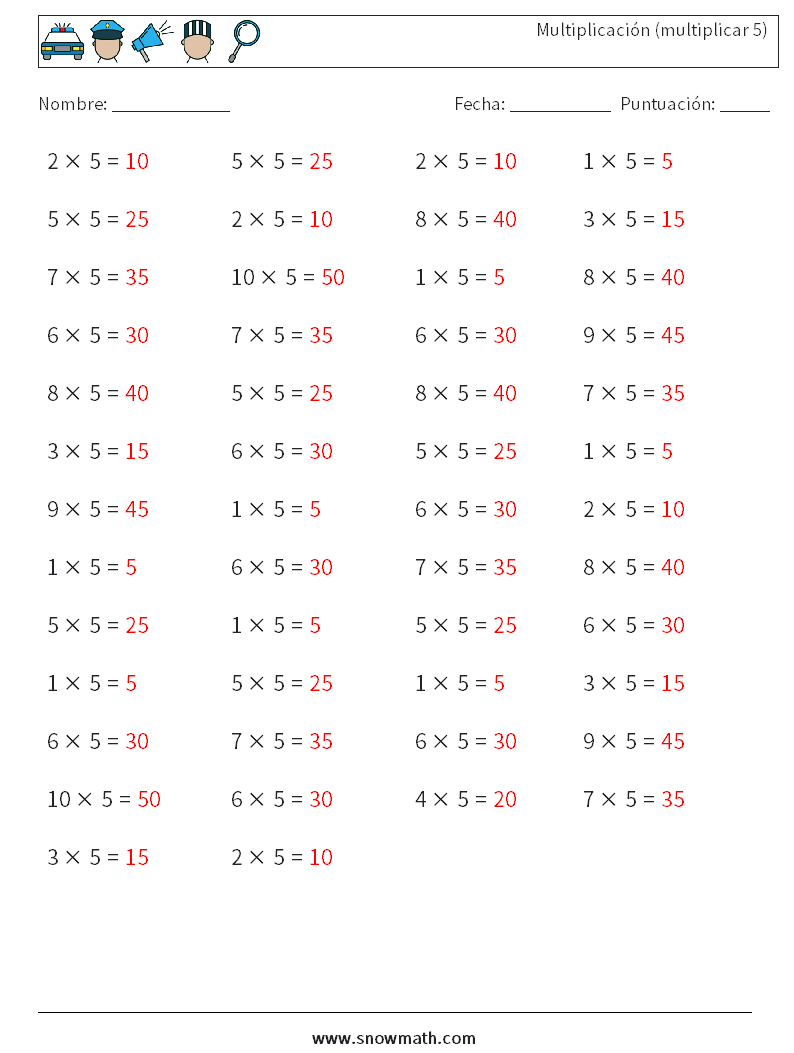 (50) Multiplicación (multiplicar 5) Hojas de trabajo de matemáticas 8 Pregunta, respuesta