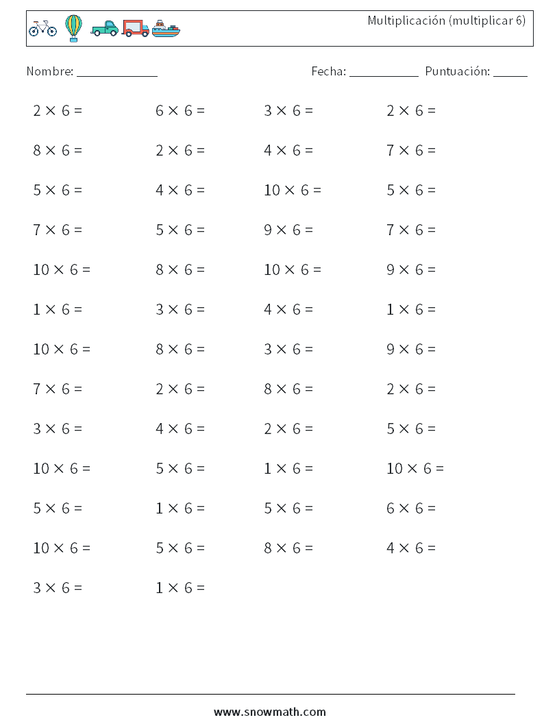 (50) Multiplicación (multiplicar 6) Hojas de trabajo de matemáticas 1