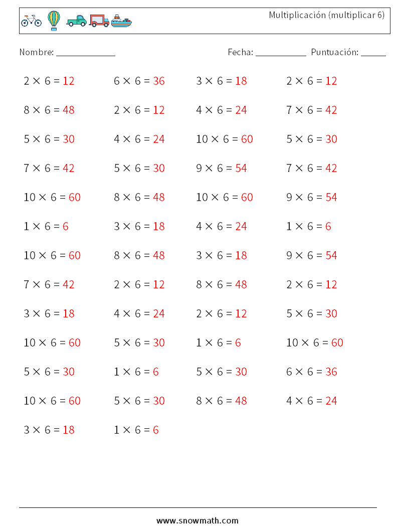 (50) Multiplicación (multiplicar 6) Hojas de trabajo de matemáticas 1 Pregunta, respuesta