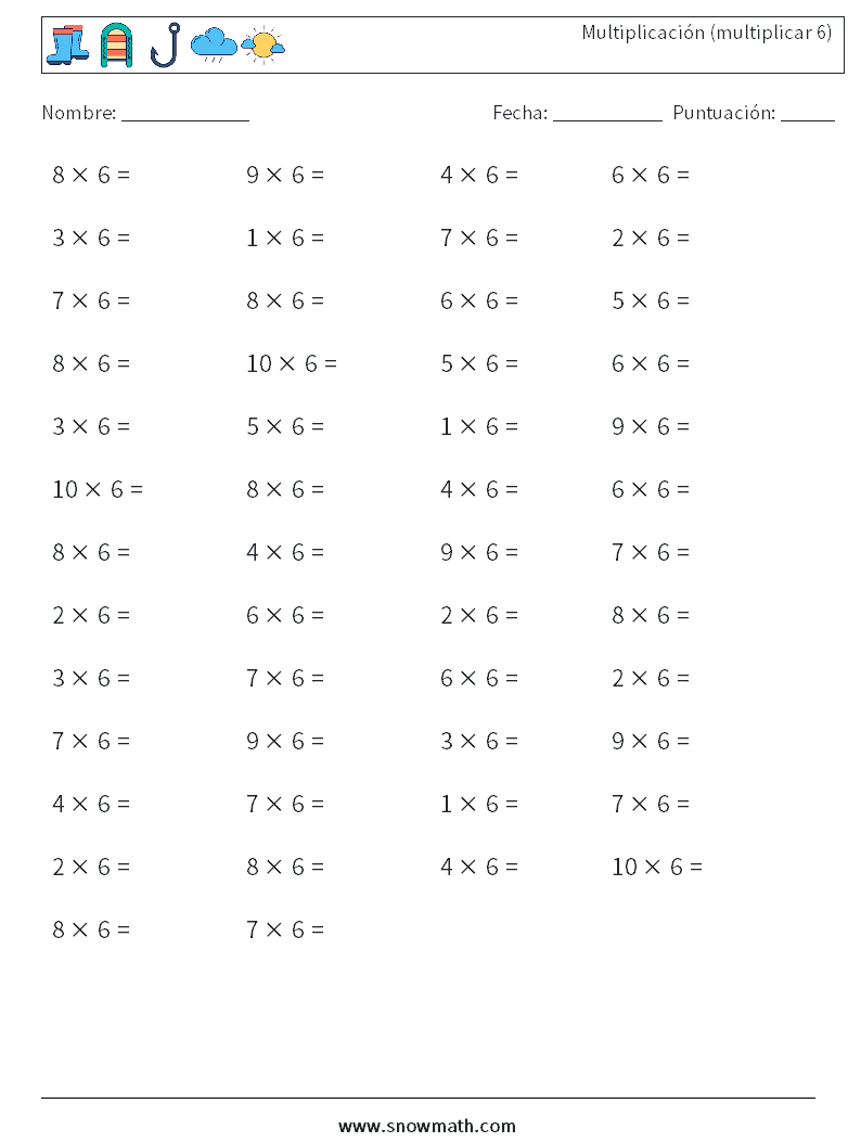 (50) Multiplicación (multiplicar 6) Hojas de trabajo de matemáticas 2