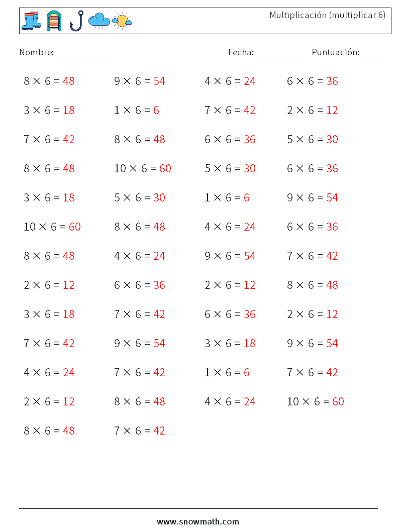 (50) Multiplicación (multiplicar 6) Hojas de trabajo de matemáticas 2 Pregunta, respuesta