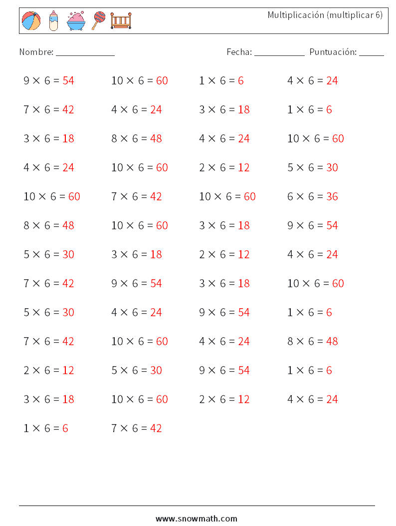 (50) Multiplicación (multiplicar 6) Hojas de trabajo de matemáticas 3 Pregunta, respuesta