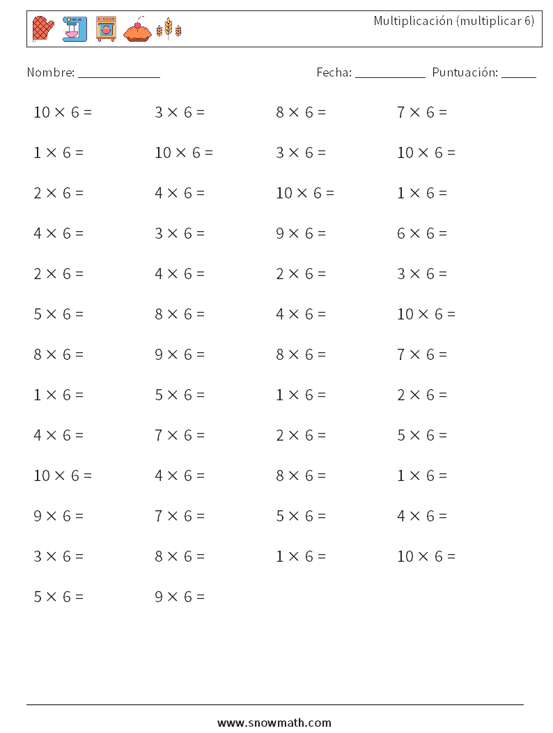 (50) Multiplicación (multiplicar 6) Hojas de trabajo de matemáticas 7