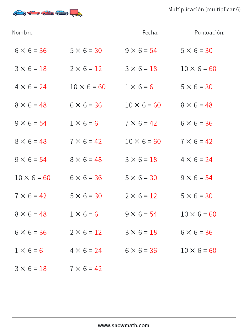 (50) Multiplicación (multiplicar 6) Hojas de trabajo de matemáticas 8 Pregunta, respuesta