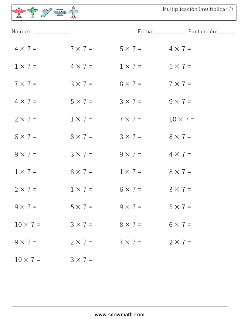 (50) Multiplicación (multiplicar 7) Hojas de trabajo de matemáticas 1