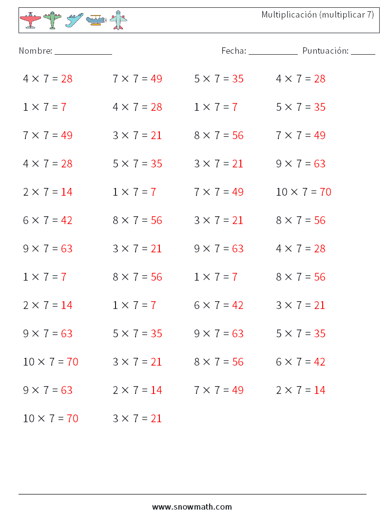 (50) Multiplicación (multiplicar 7) Hojas de trabajo de matemáticas 1 Pregunta, respuesta