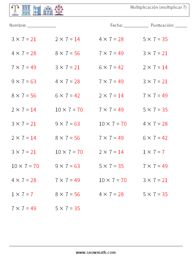 (50) Multiplicación (multiplicar 7) Hojas de trabajo de matemáticas 2 Pregunta, respuesta