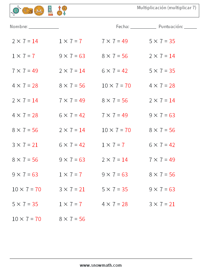 (50) Multiplicación (multiplicar 7) Hojas de trabajo de matemáticas 3 Pregunta, respuesta