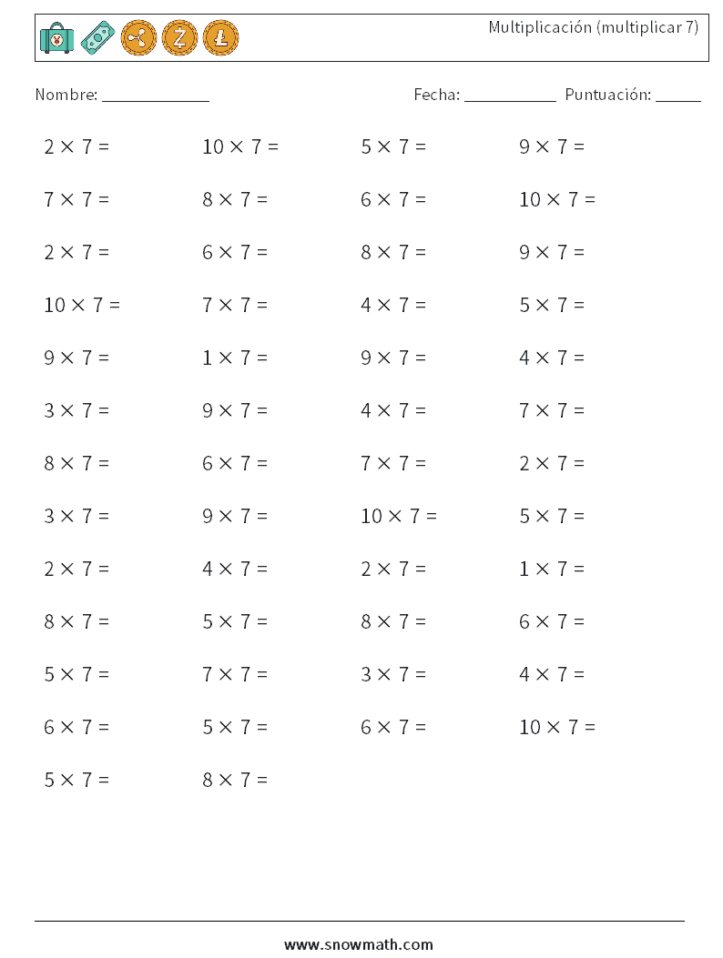 (50) Multiplicación (multiplicar 7) Hojas de trabajo de matemáticas 4