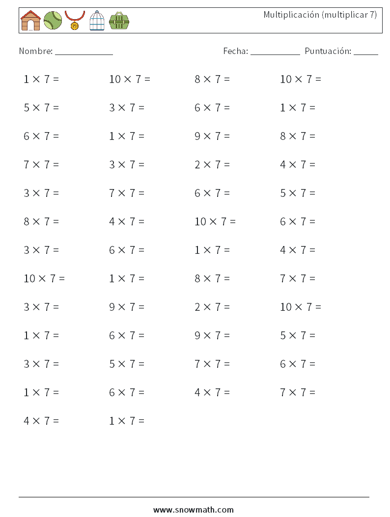 (50) Multiplicación (multiplicar 7) Hojas de trabajo de matemáticas 5