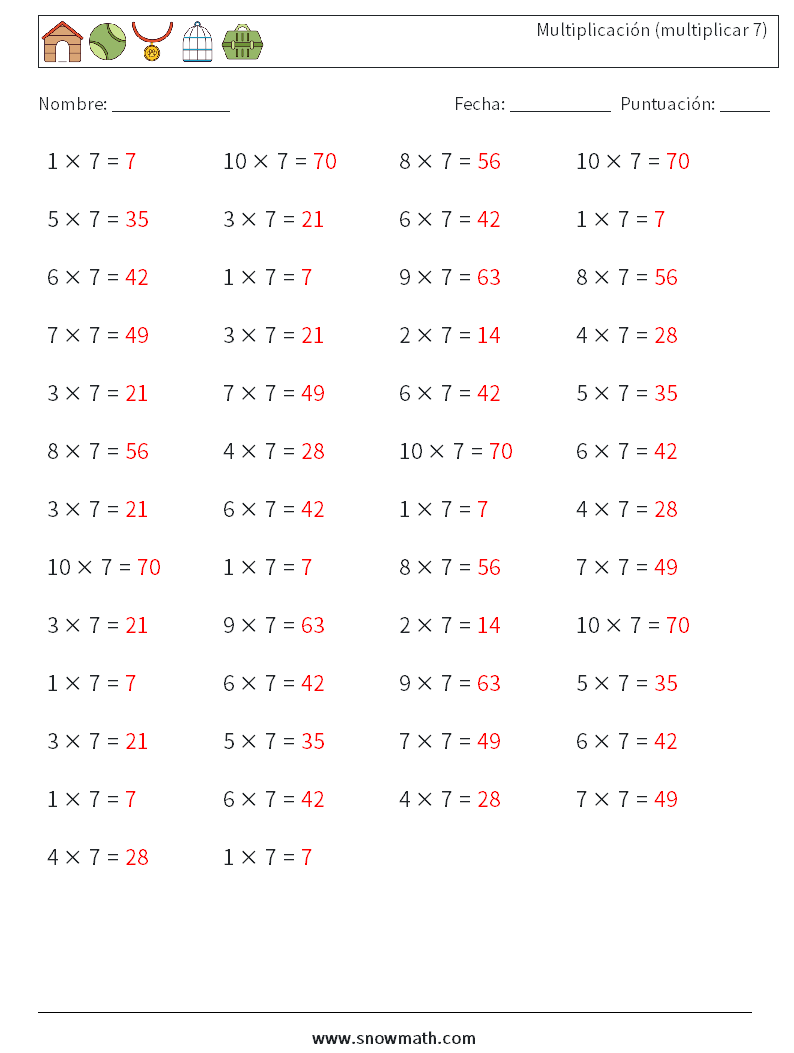 (50) Multiplicación (multiplicar 7) Hojas de trabajo de matemáticas 5 Pregunta, respuesta