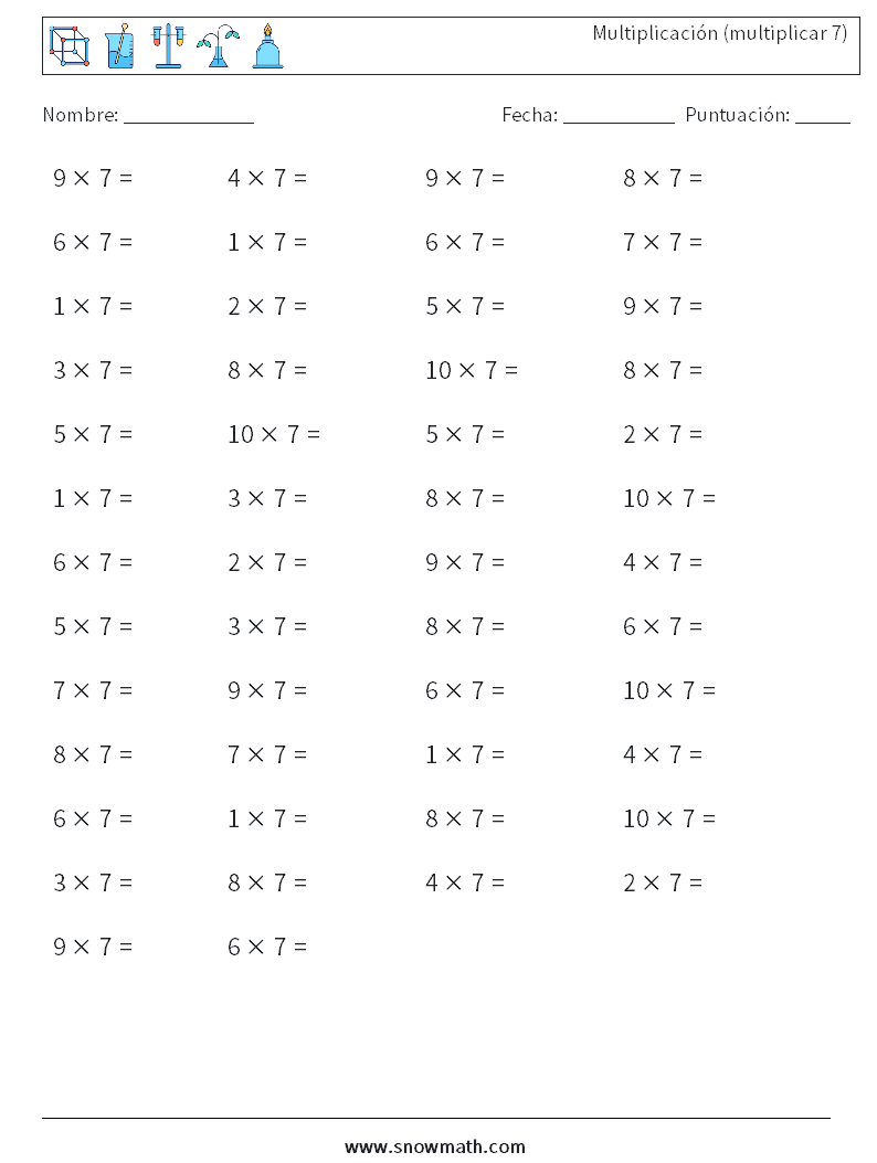 (50) Multiplicación (multiplicar 7) Hojas de trabajo de matemáticas 6