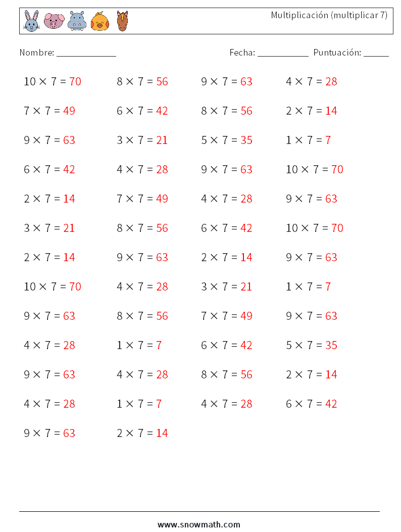 (50) Multiplicación (multiplicar 7) Hojas de trabajo de matemáticas 7 Pregunta, respuesta