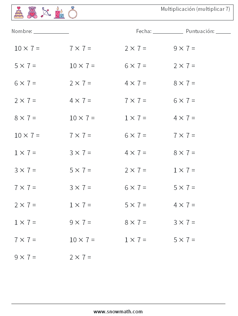 (50) Multiplicación (multiplicar 7) Hojas de trabajo de matemáticas 8