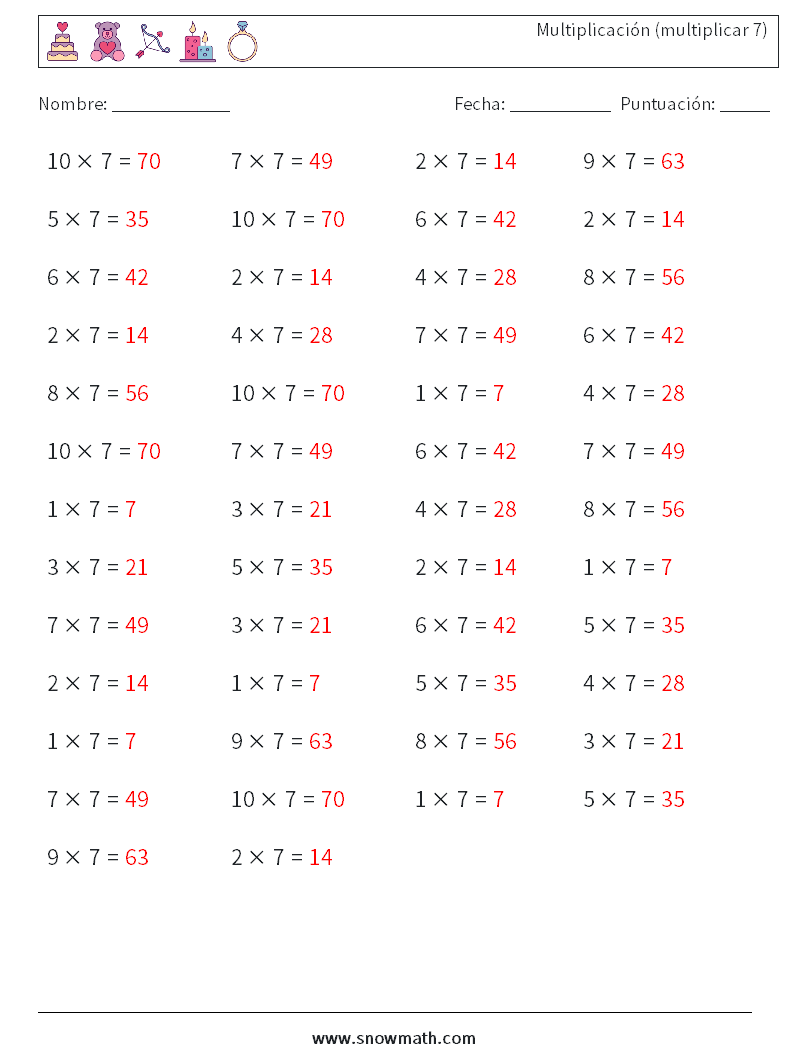 (50) Multiplicación (multiplicar 7) Hojas de trabajo de matemáticas 8 Pregunta, respuesta