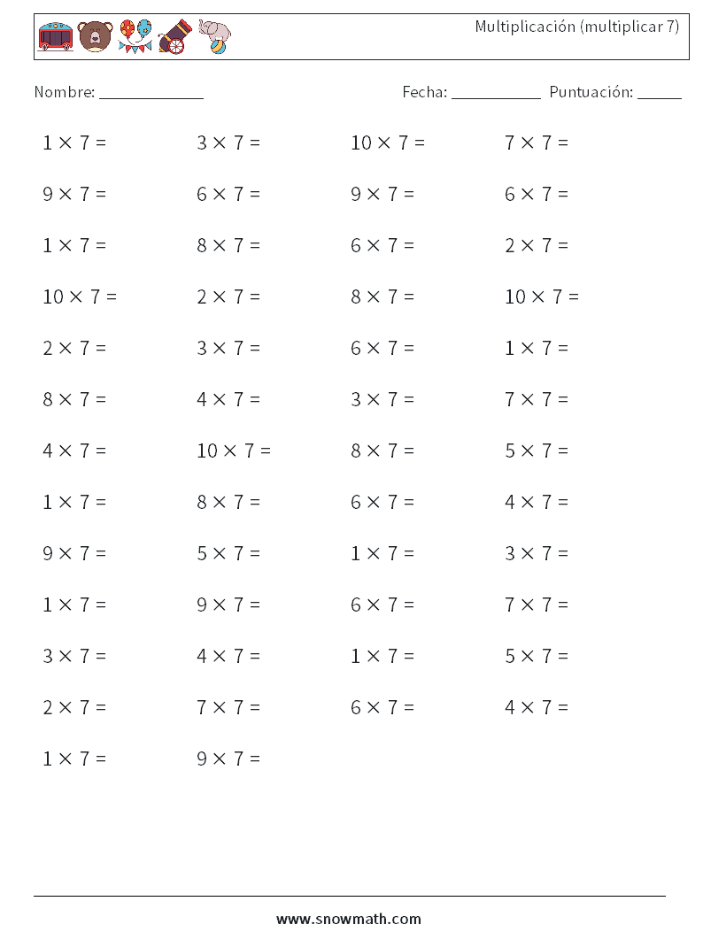 (50) Multiplicación (multiplicar 7) Hojas de trabajo de matemáticas 9