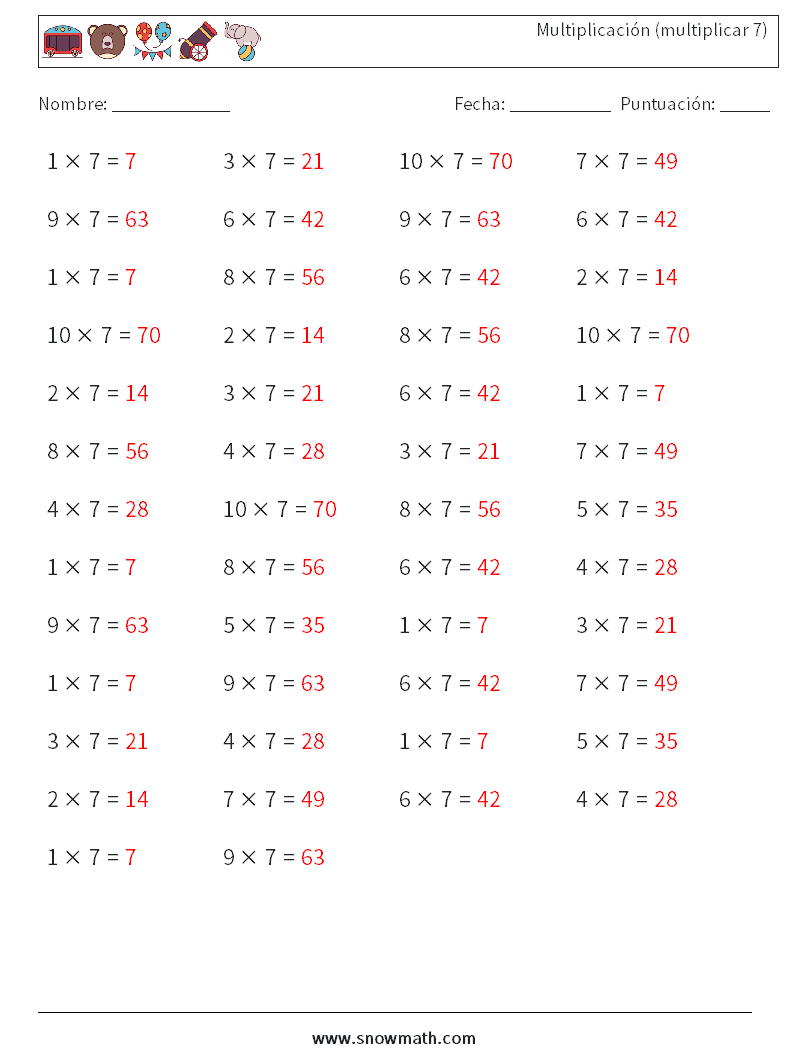 (50) Multiplicación (multiplicar 7) Hojas de trabajo de matemáticas 9 Pregunta, respuesta