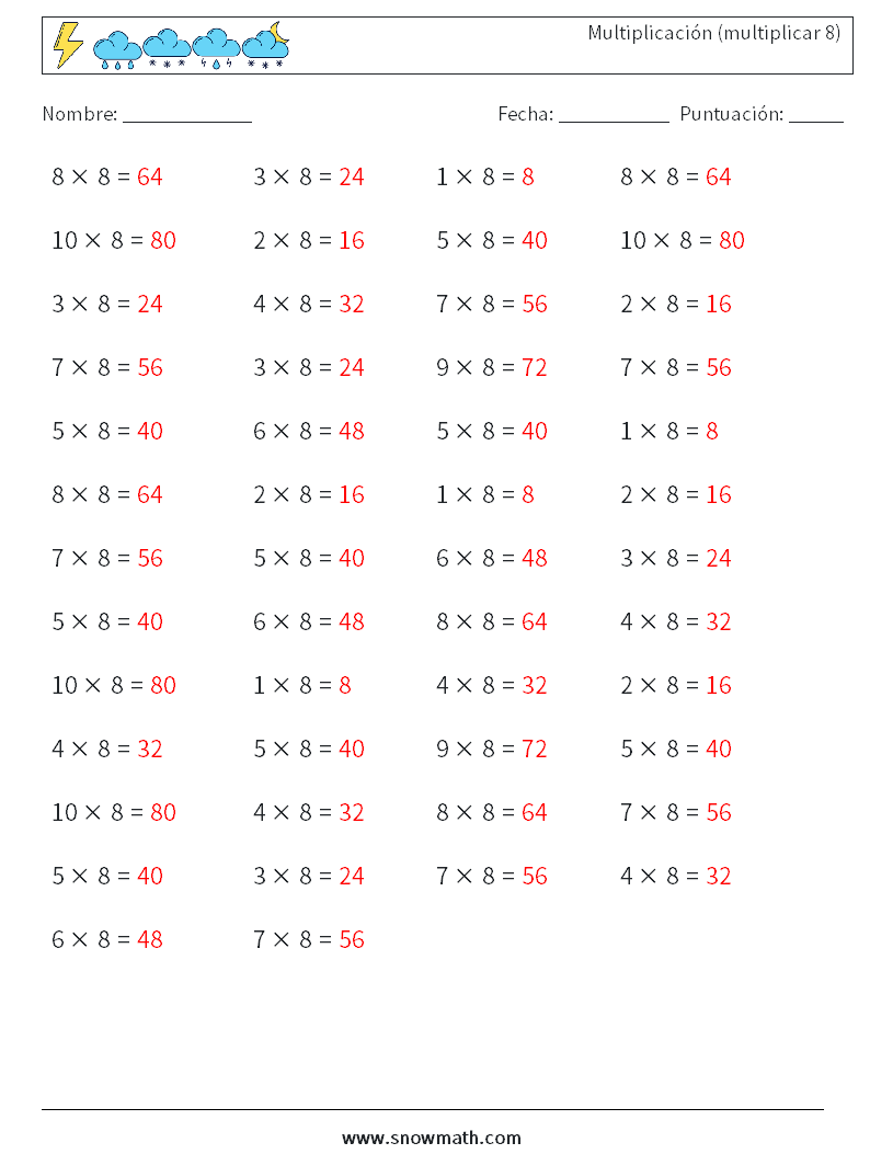 (50) Multiplicación (multiplicar 8) Hojas de trabajo de matemáticas 1 Pregunta, respuesta