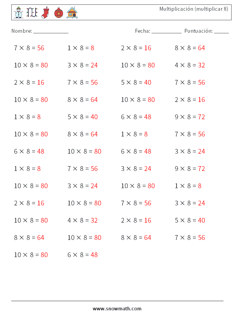 (50) Multiplicación (multiplicar 8) Hojas de trabajo de matemáticas 3 Pregunta, respuesta