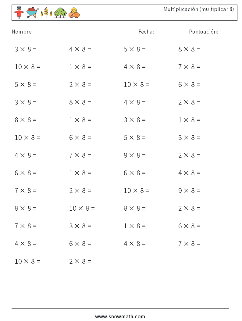 (50) Multiplicación (multiplicar 8) Hojas de trabajo de matemáticas 4