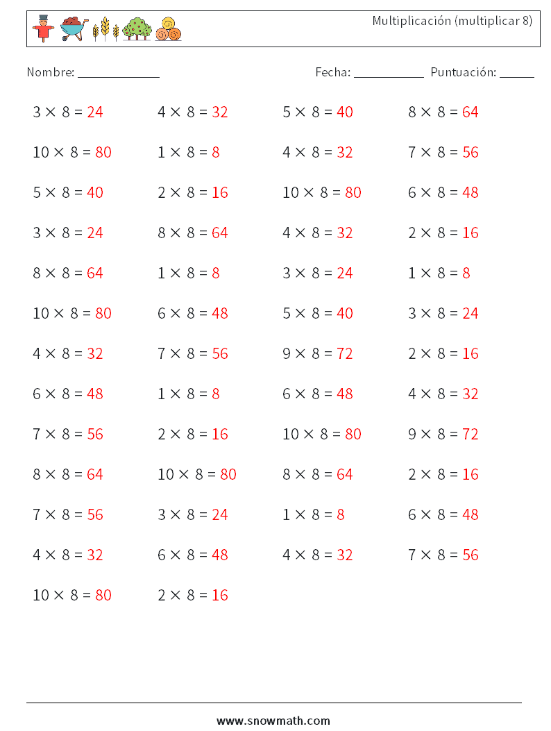 (50) Multiplicación (multiplicar 8) Hojas de trabajo de matemáticas 4 Pregunta, respuesta