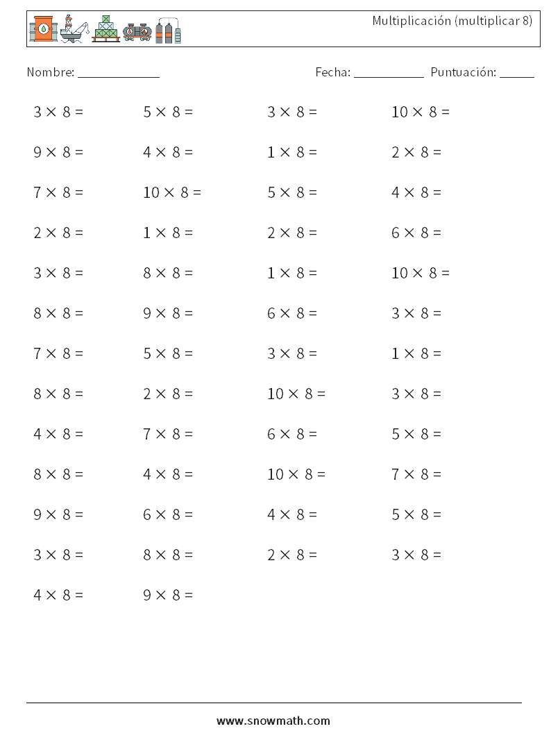 (50) Multiplicación (multiplicar 8) Hojas de trabajo de matemáticas 5