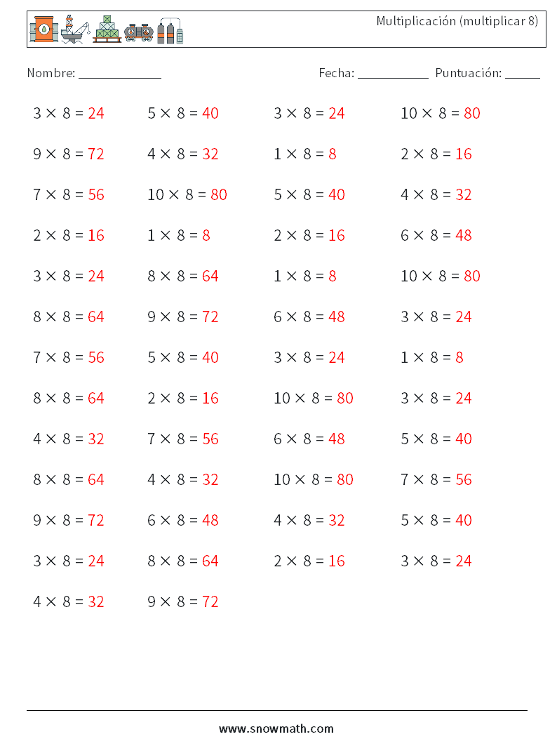 (50) Multiplicación (multiplicar 8) Hojas de trabajo de matemáticas 5 Pregunta, respuesta