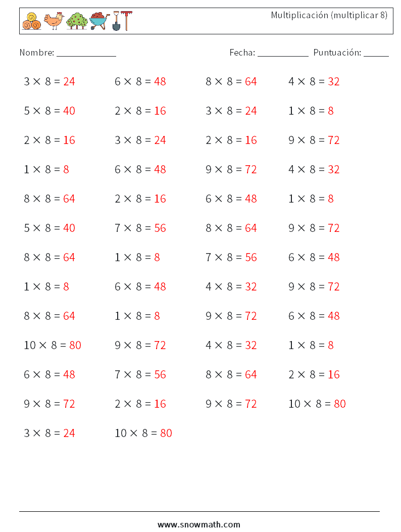 (50) Multiplicación (multiplicar 8) Hojas de trabajo de matemáticas 6 Pregunta, respuesta