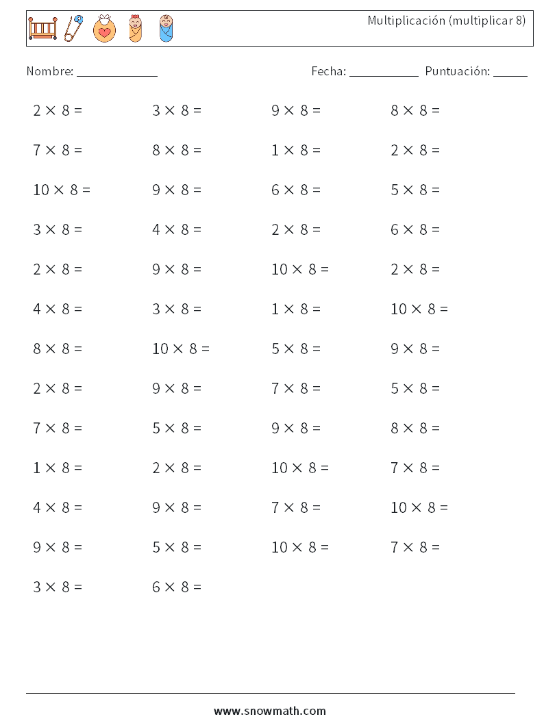 (50) Multiplicación (multiplicar 8) Hojas de trabajo de matemáticas 8