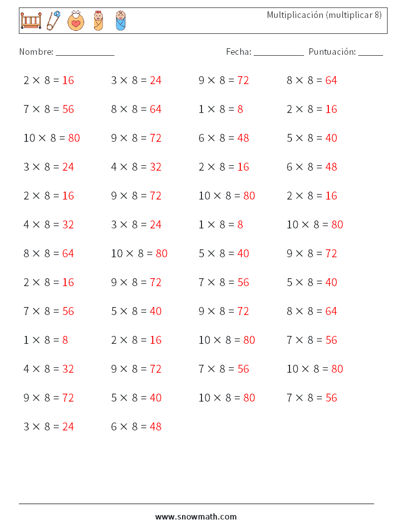 (50) Multiplicación (multiplicar 8) Hojas de trabajo de matemáticas 8 Pregunta, respuesta