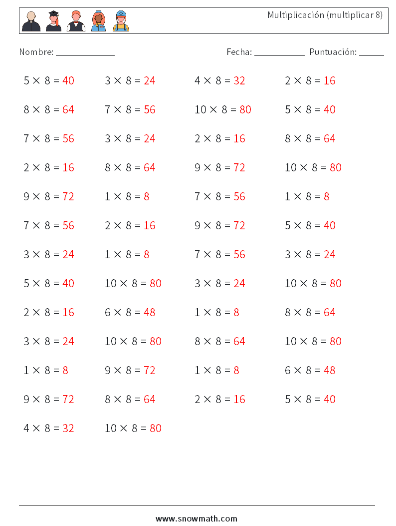 (50) Multiplicación (multiplicar 8) Hojas de trabajo de matemáticas 9 Pregunta, respuesta