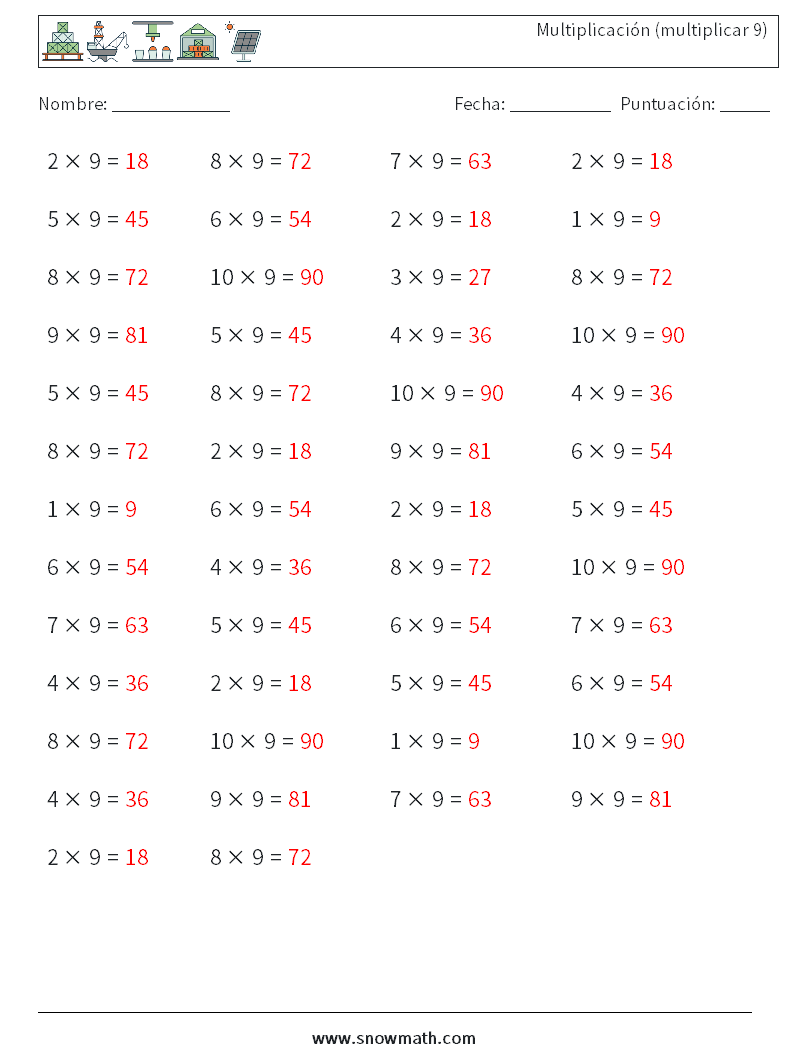 (50) Multiplicación (multiplicar 9) Hojas de trabajo de matemáticas 1 Pregunta, respuesta