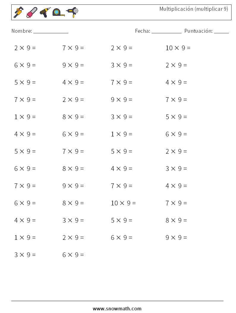 (50) Multiplicación (multiplicar 9) Hojas de trabajo de matemáticas 2