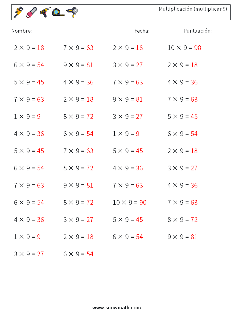 (50) Multiplicación (multiplicar 9) Hojas de trabajo de matemáticas 2 Pregunta, respuesta