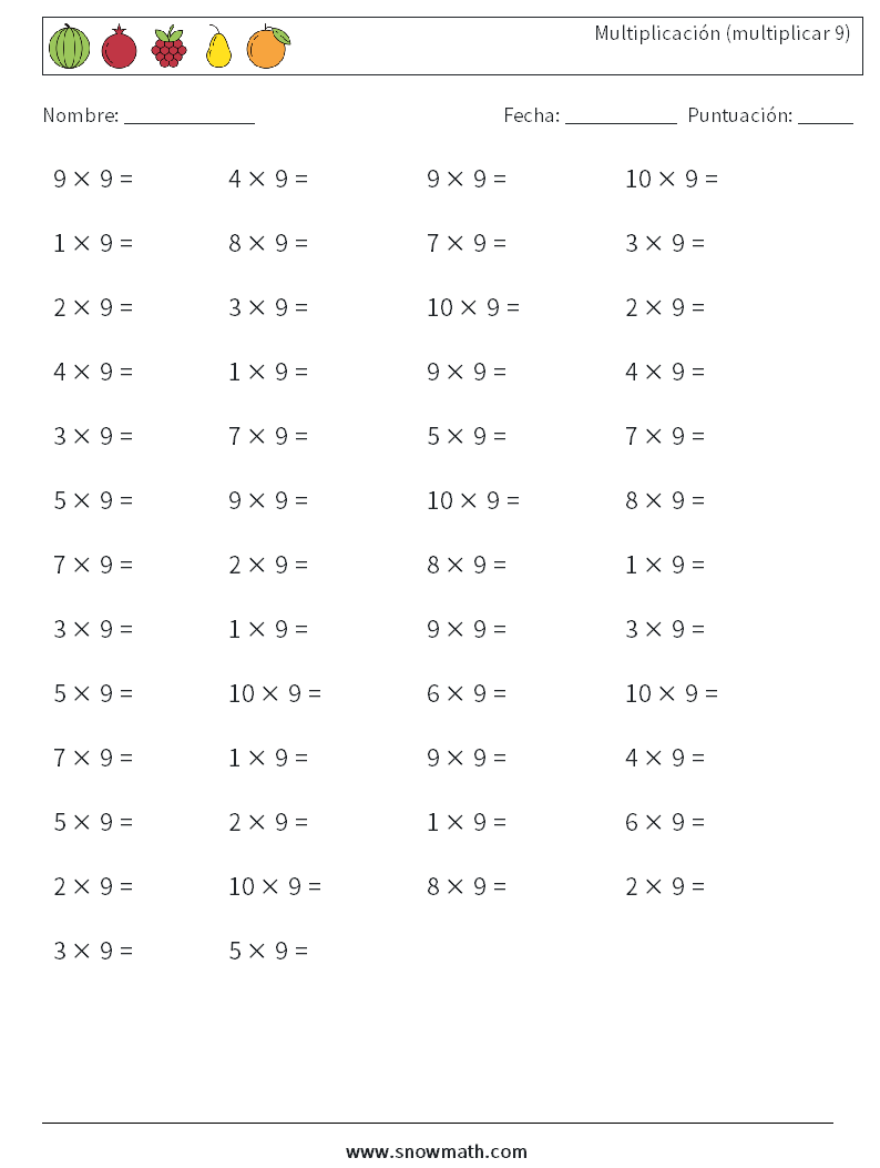 (50) Multiplicación (multiplicar 9) Hojas de trabajo de matemáticas 4