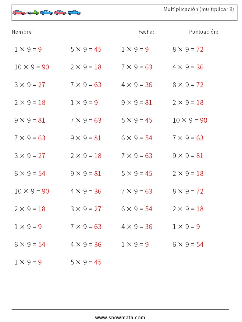 (50) Multiplicación (multiplicar 9) Hojas de trabajo de matemáticas 5 Pregunta, respuesta