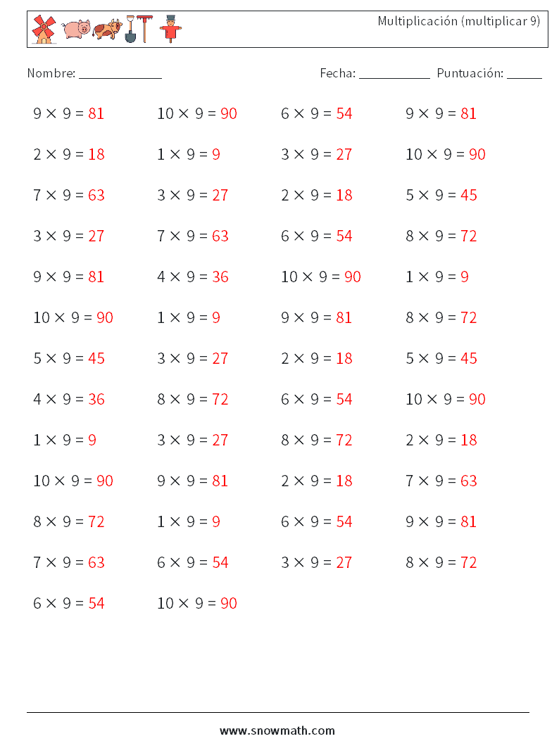 (50) Multiplicación (multiplicar 9) Hojas de trabajo de matemáticas 6 Pregunta, respuesta