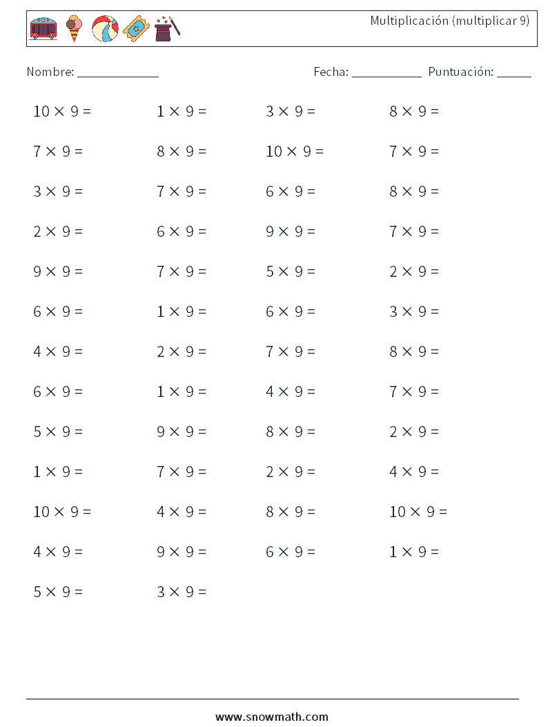 (50) Multiplicación (multiplicar 9) Hojas de trabajo de matemáticas 7