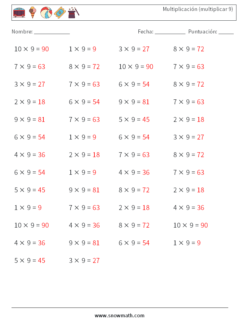 (50) Multiplicación (multiplicar 9) Hojas de trabajo de matemáticas 7 Pregunta, respuesta