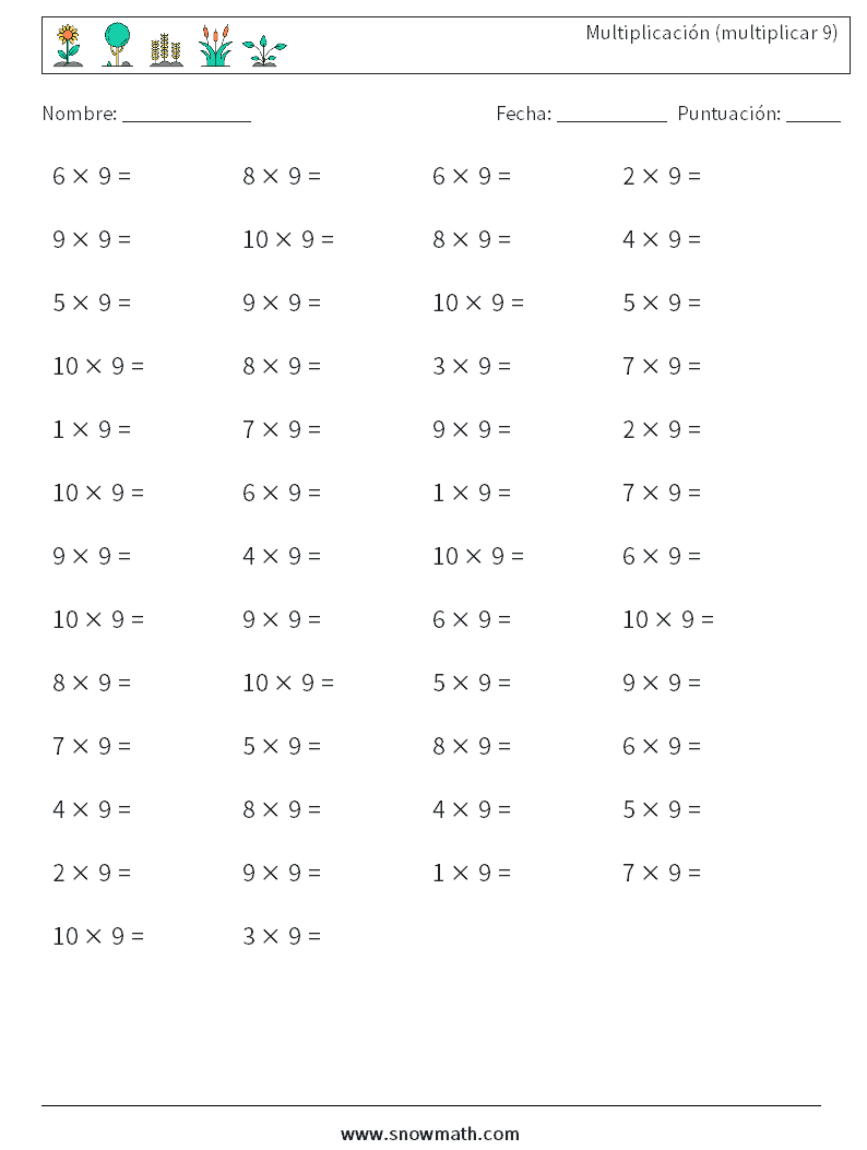 (50) Multiplicación (multiplicar 9) Hojas de trabajo de matemáticas 8