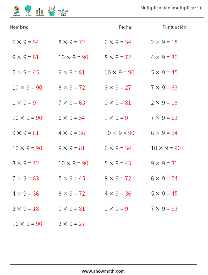 (50) Multiplicación (multiplicar 9) Hojas de trabajo de matemáticas 8 Pregunta, respuesta