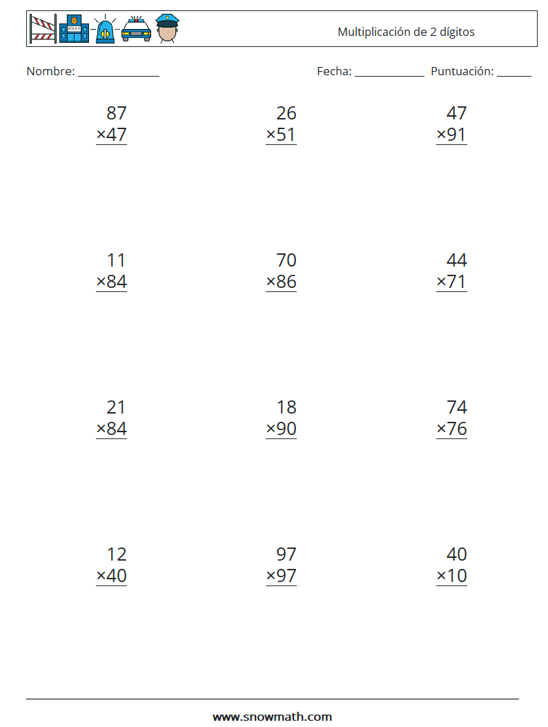 (12) Multiplicación de 2 dígitos Hojas de trabajo de matemáticas 1