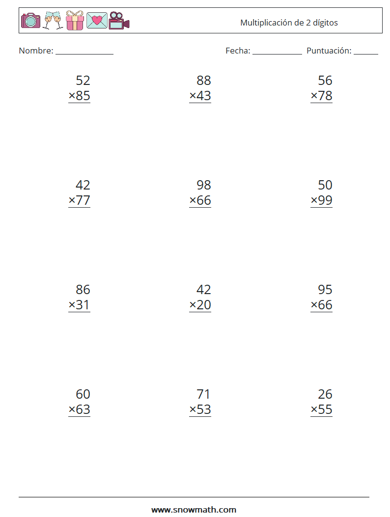 (12) Multiplicación de 2 dígitos Hojas de trabajo de matemáticas 11