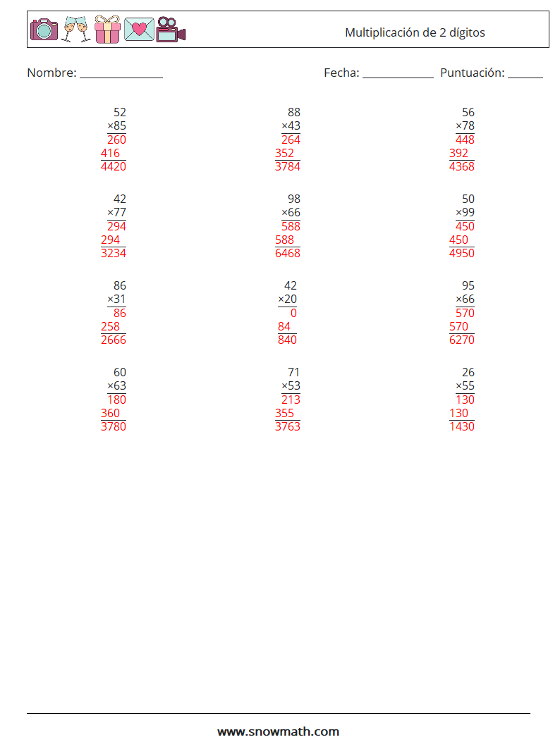 (12) Multiplicación de 2 dígitos Hojas de trabajo de matemáticas 11 Pregunta, respuesta