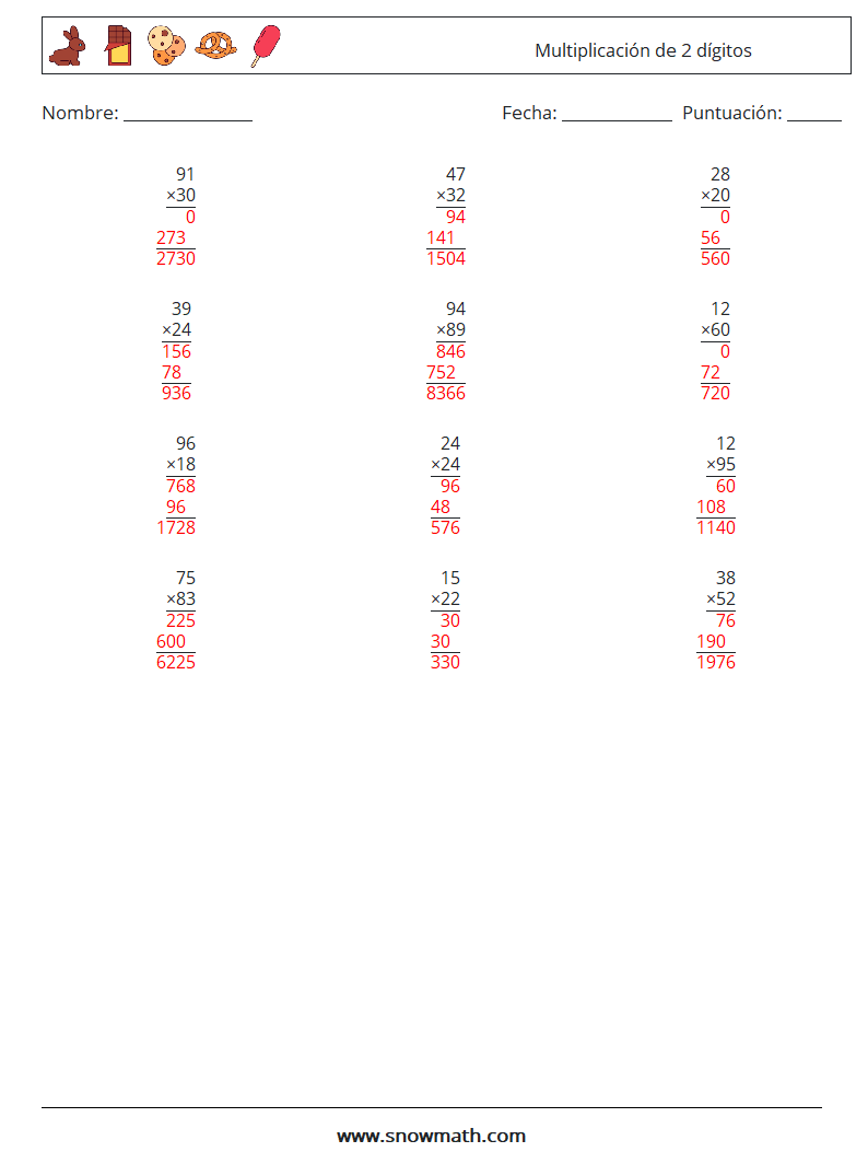 (12) Multiplicación de 2 dígitos Hojas de trabajo de matemáticas 12 Pregunta, respuesta