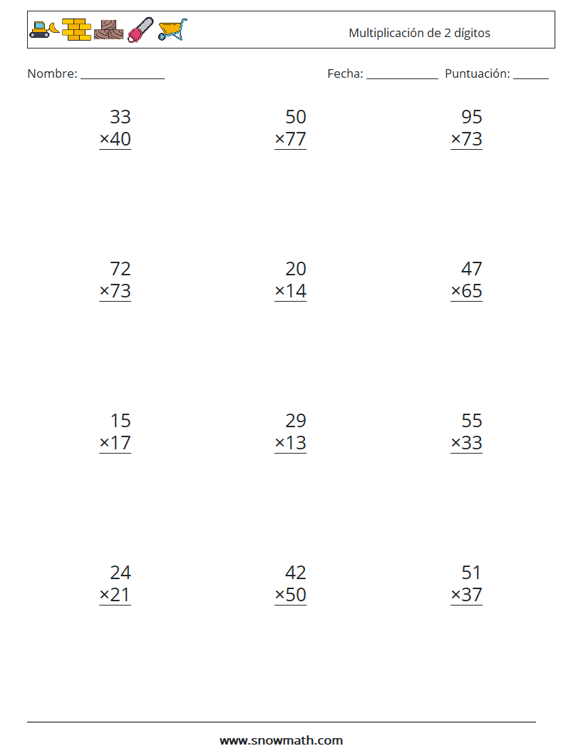 (12) Multiplicación de 2 dígitos Hojas de trabajo de matemáticas 13