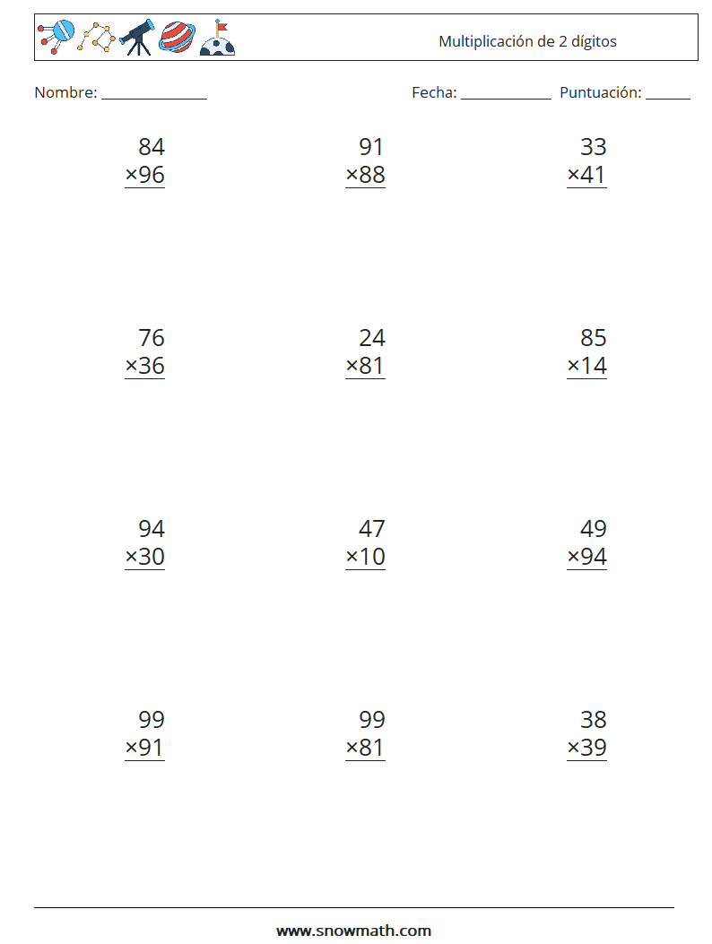 (12) Multiplicación de 2 dígitos Hojas de trabajo de matemáticas 14