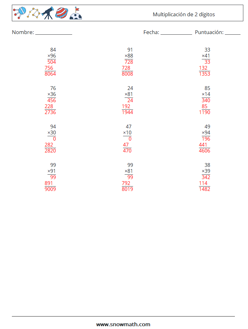 (12) Multiplicación de 2 dígitos Hojas de trabajo de matemáticas 14 Pregunta, respuesta